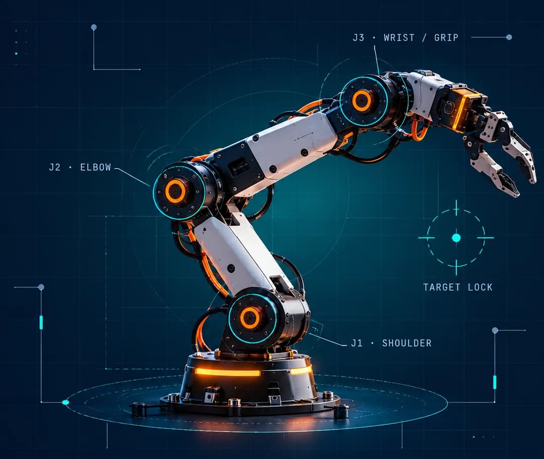An articulated robotic arm with glowing orange joints on a circular platform, annotated with shoulder, elbow and wrist labels and a target-lock marker.